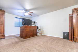 Office space featuring ceiling fan and carpet