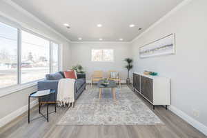 Living room with ornamental molding and light hardwood / wood-style floors