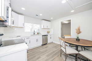 Kitchen featuring white cabinetry, sink, light stone counters, light hardwood / wood-style floors, and stainless steel appliances