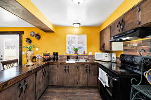 Kitchen featuring black / electric stove, sink, and dark brown cabinets