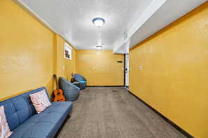 Family room featuring a textured ceiling and carpet