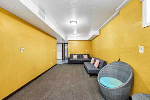 Interior space featuring a textured ceiling and dark colored carpet