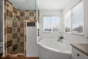 Bathroom featuring a healthy amount of sunlight, independent shower and bath, and vanity