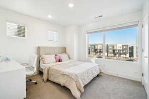 Carpeted bedroom featuring multiple windows