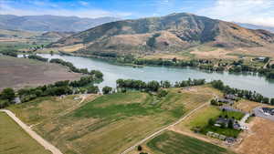 Aerial view with a water and mountain view