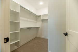 Walk in closet featuring light colored carpet