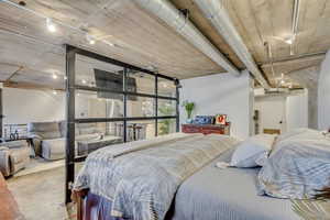 Bedroom with track lighting and concrete floors