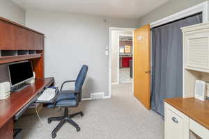 Carpeted home office with sink