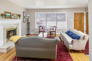 Living room with hardwood / wood-style flooring and a premium fireplace