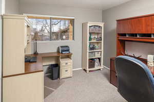 Home office with light carpet