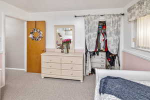 Bedroom featuring light colored carpet