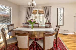 Dining space featuring an inviting chandelier, plenty of natural light, and hardwood / wood-style floors