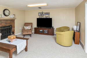 Living room featuring carpet and a fireplace