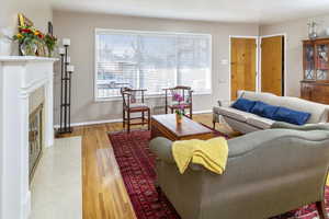 Living room with a premium fireplace and light hardwood / wood-style flooring