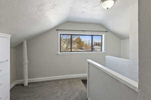 Bonus room featuring vaulted ceiling, carpet flooring, and a textured ceiling