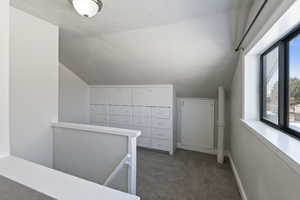 Interior space featuring lofted ceiling and dark colored carpet