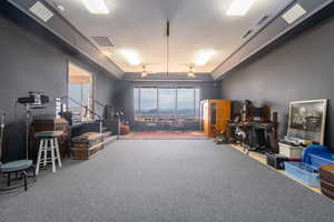 Miscellaneous room featuring plenty of natural light, carpet, ceiling fan, and a tray ceiling