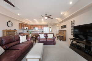 Carpeted living room with sink, ceiling fan, and a tray ceiling