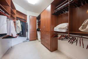 Walk in closet featuring light carpet