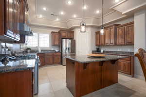 Kitchen featuring decorative light fixtures, a center island, a raised ceiling, stainless steel appliances, and range hood