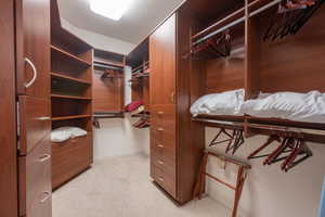 Spacious closet featuring light colored carpet