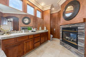 Bathroom featuring a stone fireplace, wood walls, tile patterned flooring, vanity, and toilet