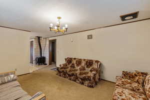 Living room with light colored carpet, a textured ceiling, and a wood stove