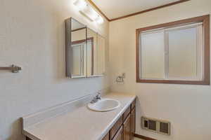 Bathroom featuring vanity and ornamental molding