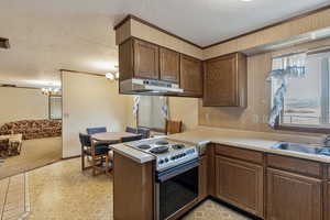 Kitchen with sink, a notable chandelier, a textured ceiling, stainless steel electric range oven, and kitchen peninsula