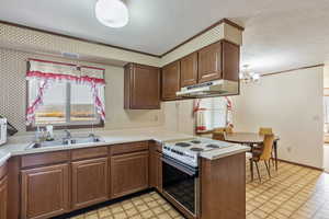 Kitchen featuring stainless steel electric stove, sink, a notable chandelier, kitchen peninsula, and a textured ceiling