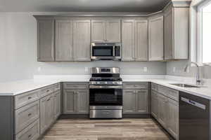 Kitchen with sink, gray cabinetry, light wood-type flooring, kitchen peninsula, and stainless steel appliances