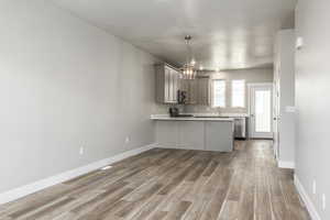 Kitchen with gray cabinets, hardwood / wood-style floors, a chandelier, kitchen peninsula, and stainless steel appliances