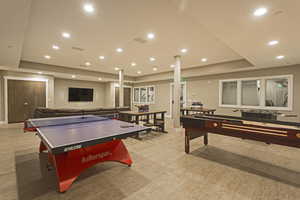 Rec room with light hardwood / wood-style flooring and a raised ceiling