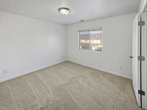 Carpeted empty room with a textured ceiling