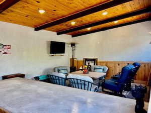 Bedroom featuring beam ceiling and wood ceiling