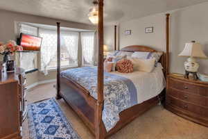 Carpeted bedroom with ceiling fan