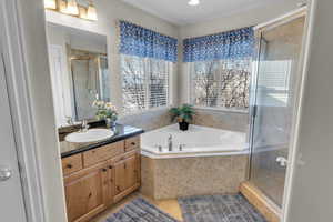 Bathroom with vanity and shower with separate bathtub