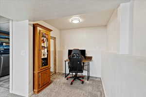 Carpeted office space featuring washer / clothes dryer and a textured ceiling