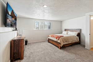 Carpeted bedroom with a textured ceiling