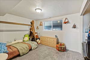 Carpeted bedroom with a textured ceiling