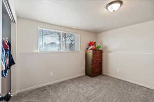 Carpeted bedroom featuring a textured ceiling