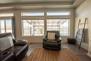 Living area with dark hardwood / wood-style flooring