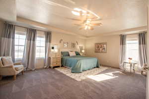 Bedroom with a raised ceiling, light colored carpet, and ceiling fan