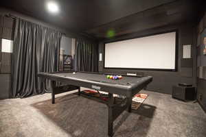 Carpeted cinema with billiards