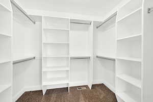 Spacious walk in closet featuring dark carpet