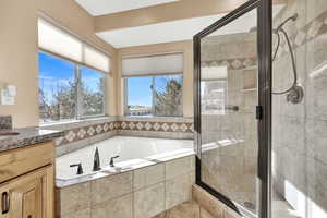 Bathroom featuring shower with separate bathtub and vanity