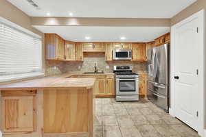 Kitchen featuring tasteful backsplash, appliances with stainless steel finishes, sink, and kitchen peninsula