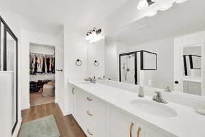 Bathroom featuring wood-type flooring, vanity, and walk in shower