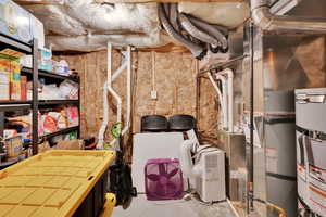 Utility room featuring strapped water heater