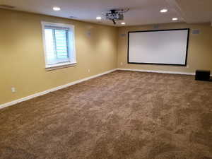 Cinema room with carpet flooring